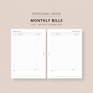 Monthly Bills Tracker | Personal Wide Printable Planner - Bill payment tracker printable, Personal Wide inserts, Personal Wide refills