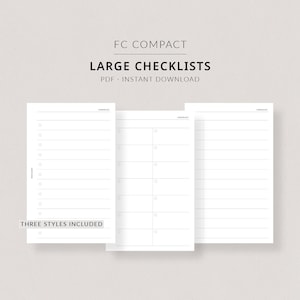 May include: Three printable checklist templates in a minimalist style. The text "FC Compact Large Checklists PDF - Instant Download" is at the top of the image. The text "Three Styles Included" is at the bottom of the image. The text "#109 Rose & Mist" is at the bottom of the image.