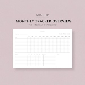 May include: A printable monthly tracker overview with a grid for daily, weekly, and monthly tasks. The tracker has a section for notes and the text "MINI HP" and "#113 ROSE & MIST" at the top.