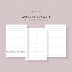 Può includere: Tre modelli di checklist stampabili in formato PDF. Le checklist sono progettate con uno stile semplice e minimalista e presentano uno sfondo bianco con linee e cerchi neri. Il testo "MINI HP GRANDI LISTE DI CONTROLLO PDF - DOWNLOAD IMMEDIATO" è in alto nell'immagine. Il testo "TRE STILI INCLUSI" è in basso nell'immagine. Il testo "#109 ROSE & MIST" è in basso nell'immagine.