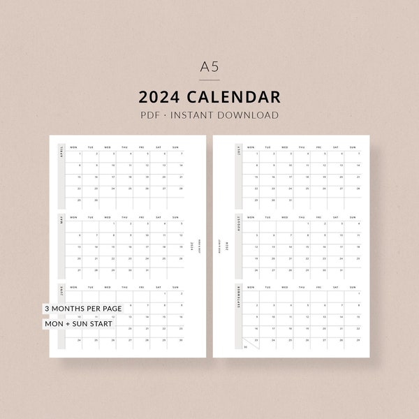 2024 Calendar, A5 Printable Planner - Dated 2024 planner, calendar year tracker, A5 size planner inserts