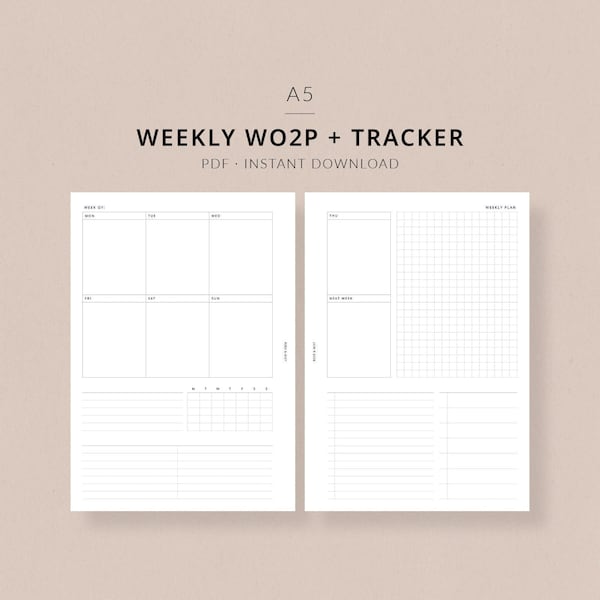 Weekly Planner WO2P + Tracker | A5 Planner Printable - Habit tracker, Meal plan, A5 planner inserts, A5 Weekly insert printable