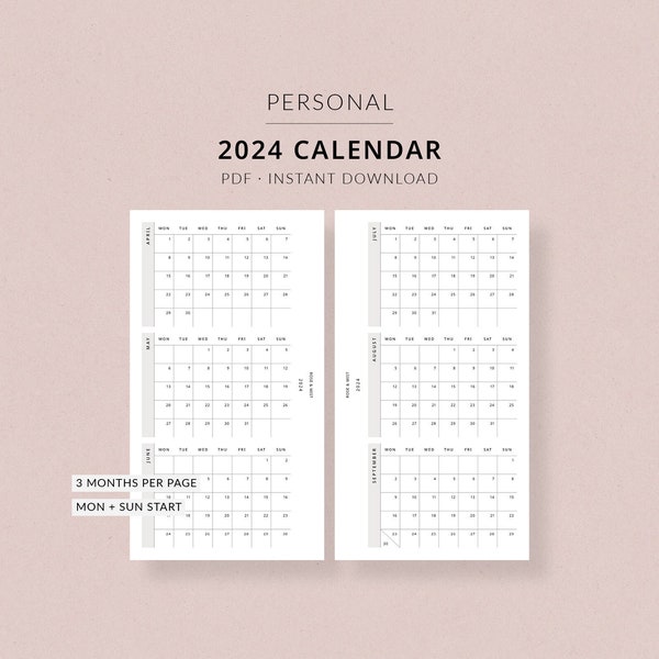 2024 Calendar | Personal Printable Planner - Dated 2024 planner, calendar year tracker, Filofax personal size planner inserts