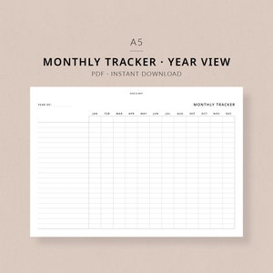 Pode incluir: Um rastreador mensal imprimível em preto e branco com uma visão anual. O rastreador tem um design simples com um cabeçalho que diz "Rastreador mensal" e um rodapé que diz "#114 Rose & Mist".