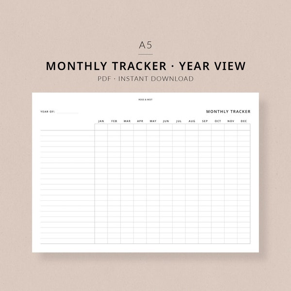 Monthly Tracker | A5 Planner Printable - Yearly view, A5 planner inserts, Bill payment tracker, Cleaning tracker