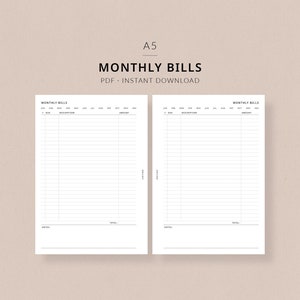 Monthly Bills Tracker | A5 Planner Printable - A5 monthly bill tracker printable, A5 planner inserts, Monthly budget planner, Finance insert