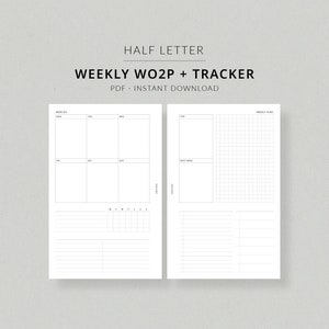 Planificador semanal + Rastreador WO2P / Planificador imprimible de media letra: rastreador de hábitos, tareas semanales, inserciones imprimibles de HL, semana en 2 páginas