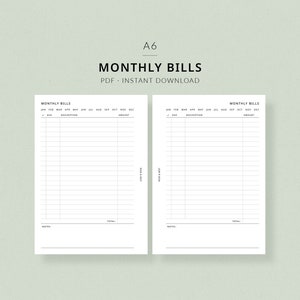 A6 Monthly Bills Tracker | A6 Printable Planner - Bill Tracker ...