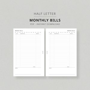 Puede incluir: Plantilla de seguimiento de facturas mensuales imprimible en tamaño media carta. La plantilla tiene dos columnas con una lista de meses, fecha de vencimiento, descripción y cantidad. La plantilla tiene una sección de notas y una sección de total en la parte inferior.