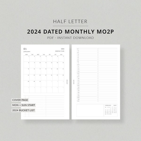 2024 Monthly Planner MO2P | Half Letter Printable Planner - 2024 planner, Half letter monthly overview, Month at a glance, Bill tracker