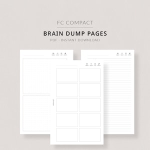May include: Two printable brain dump pages in a compact size. The first page has a dotted grid and the second page has lined sections for writing and a blank section for drawing.