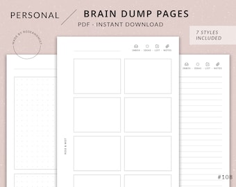 Brain Dump Pages | Personal Printable Planner - Inbox, Ideas, To do list, Notes, Personal planner inserts