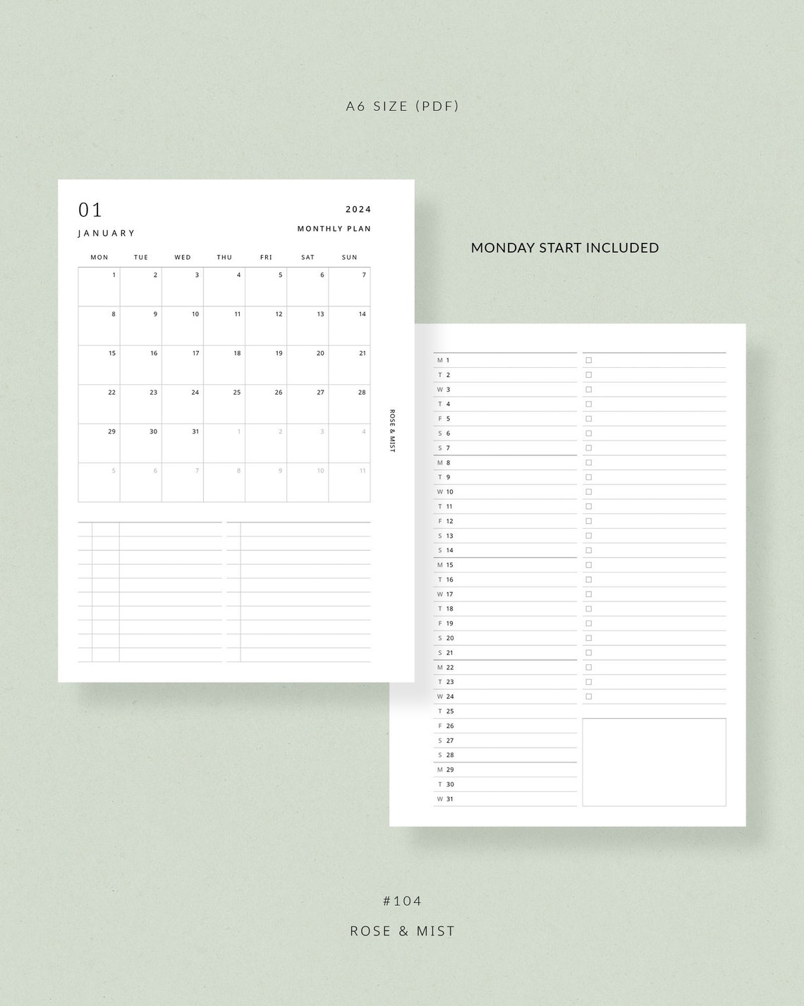 2024 Monthly Planner MO2P A6 Printable Planner Dated - Etsy