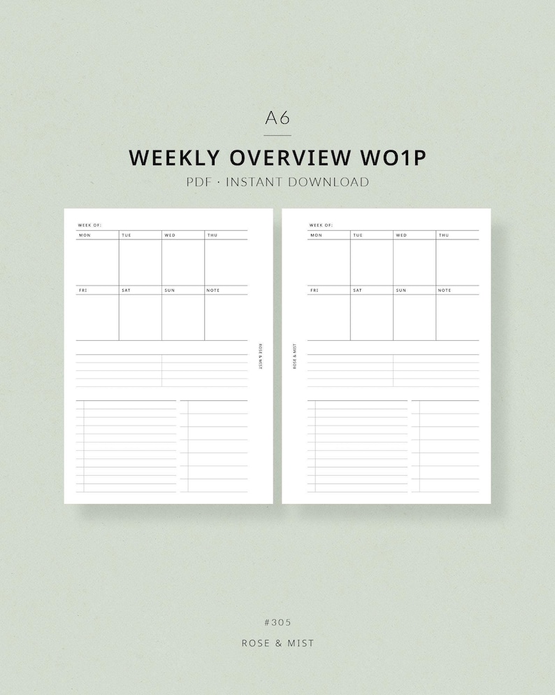 Weekly Overview WO1P #305 | A6 Printable Planner A6 Weekly Inserts A6 ...
