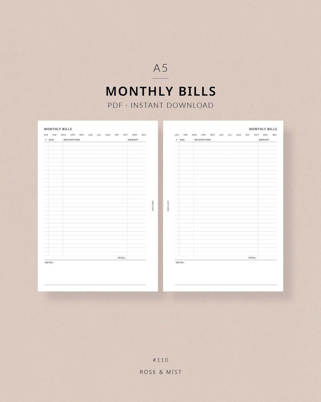 Monthly Bills Tracker | A5 Planner Printable - A5 Monthly Bill Tracker ...