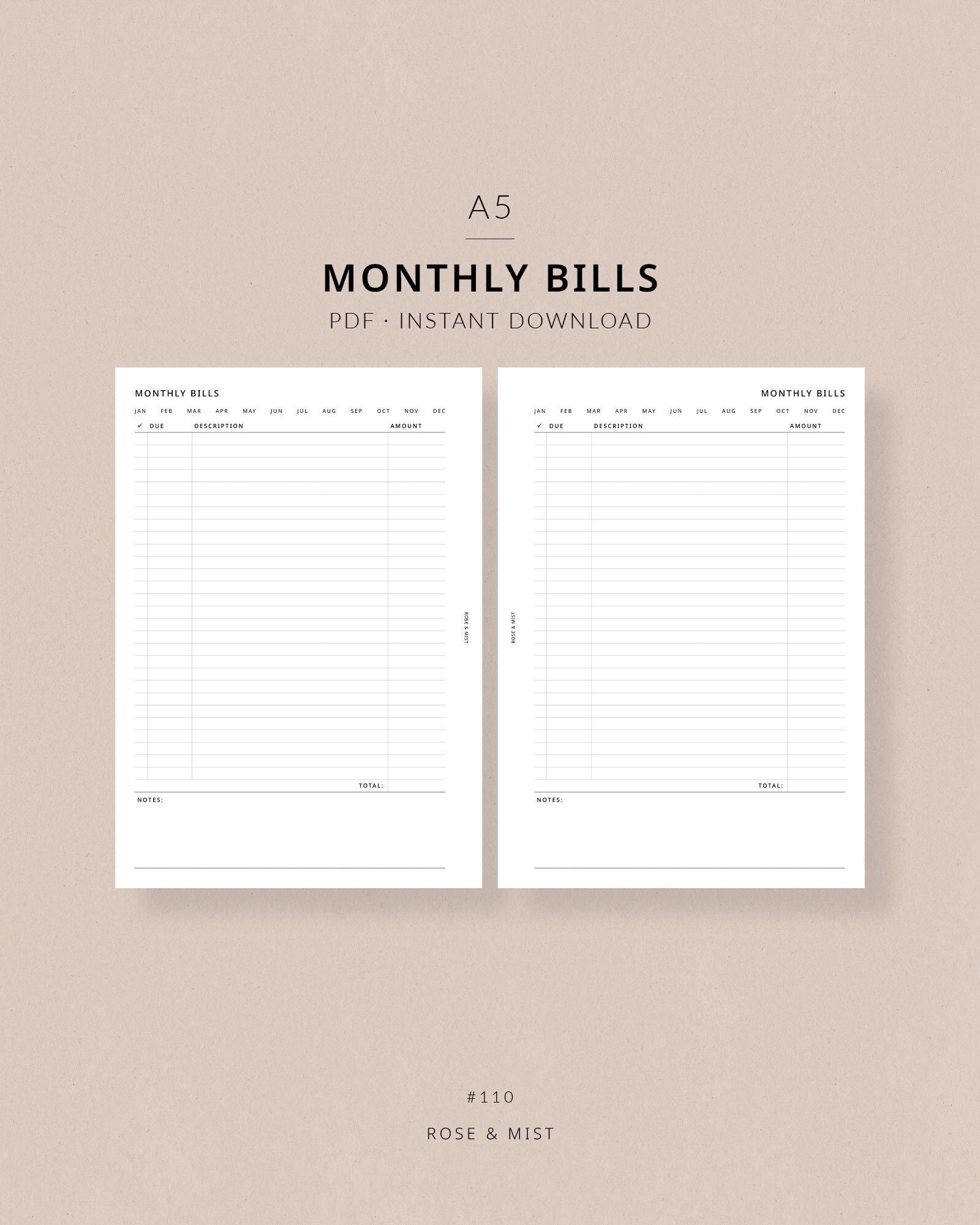 Monthly Bills Tracker A5 Planner Printable A5 Monthly Bill Tracker ...