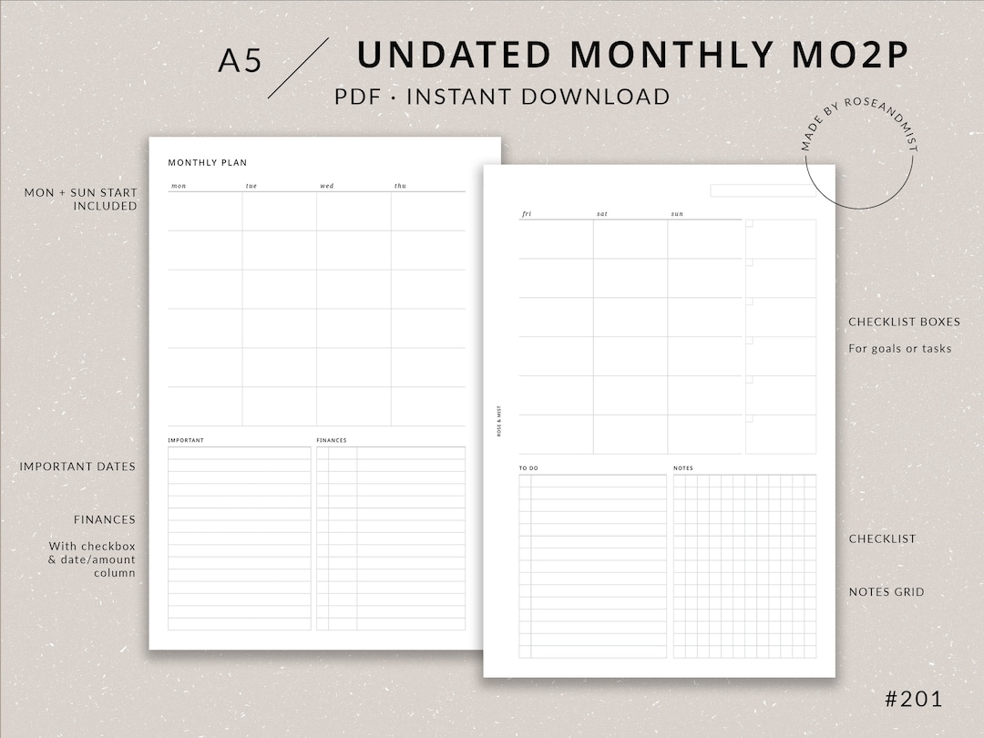 Monthly Planner Undated MO2P | A5 Planner Printable - A5 Monthly ...