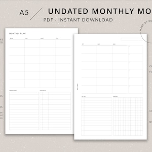 Monthly Planner Undated MO2P | A5 Planner Printable - A5 monthly planner inserts, Month at a glance, Monthly overview, Monthly undated