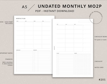 May include: A printable A5 monthly planner with sections for important dates, finances, to-do lists, notes, and a checklist grid. The planner is undated and includes a "Mon-Sun Start" option.