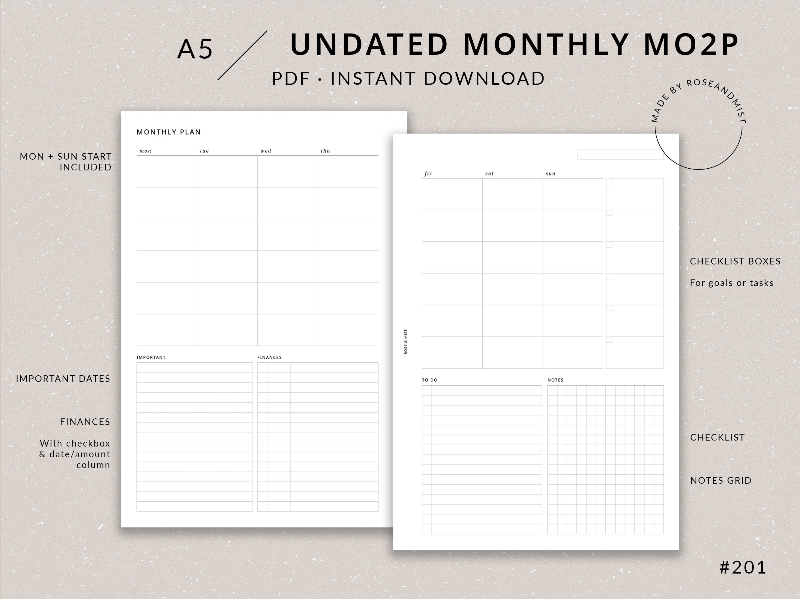 Monthly Planner Undated MO2P | A5 Planner Printable - A5 Monthly ...