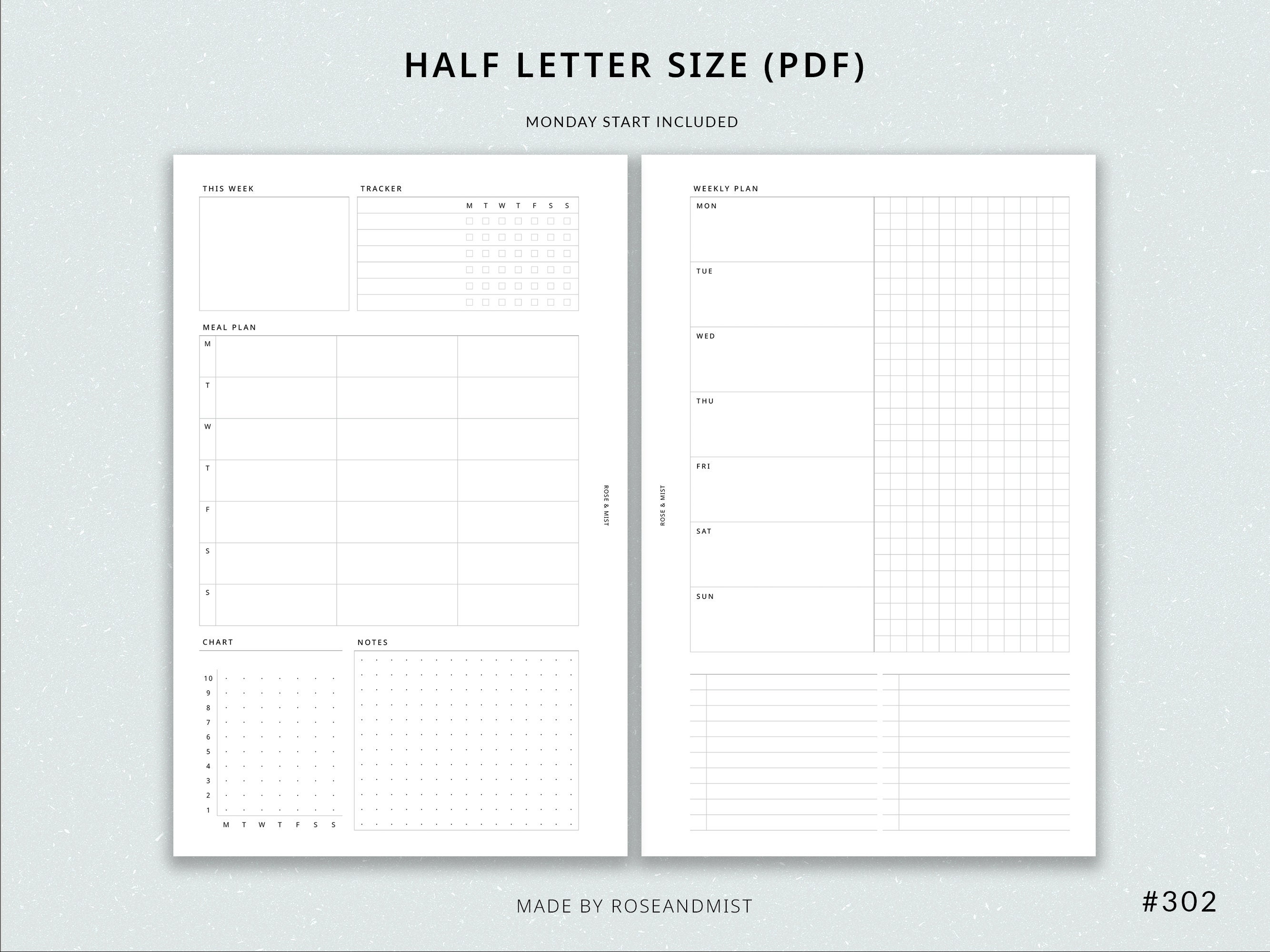 Weekly Planner + Meal Planner WO2P | Half Letter Printable Planner ...