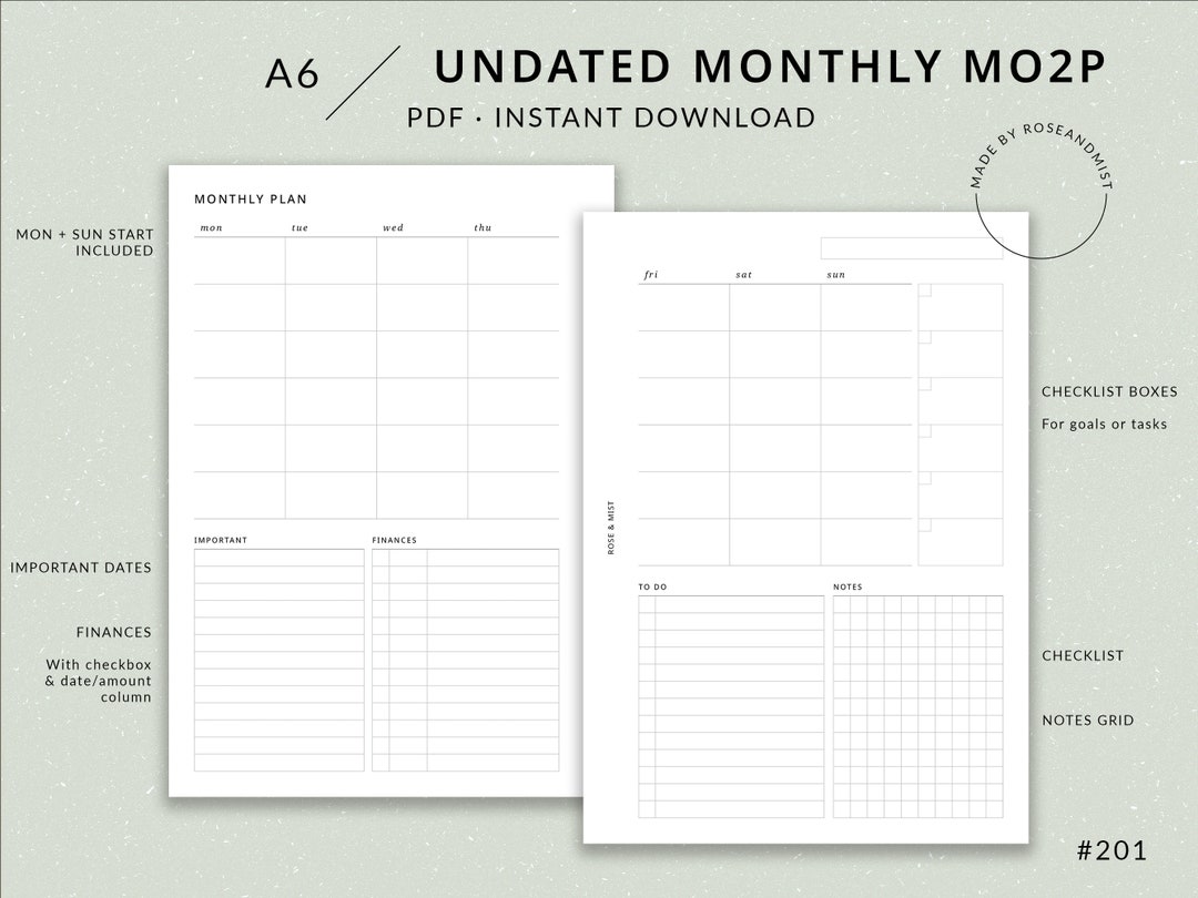 Monthly Planner Undated MO2P | A6 Printable Planner - Month at a Glance ...