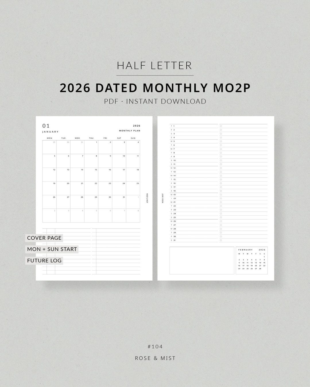 2026 Monthly Planner MO2P | Half Letter Printable Planner - 2026 ...