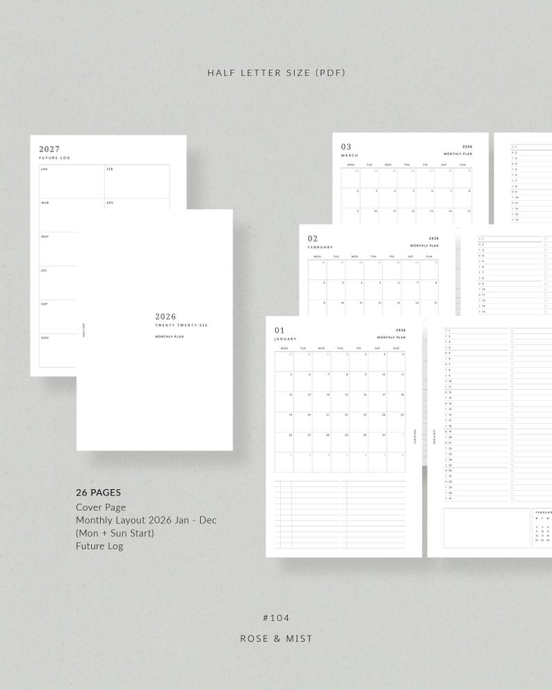 2026 Monthly Planner MO2P | Half Letter Printable Planner - 2026 ...