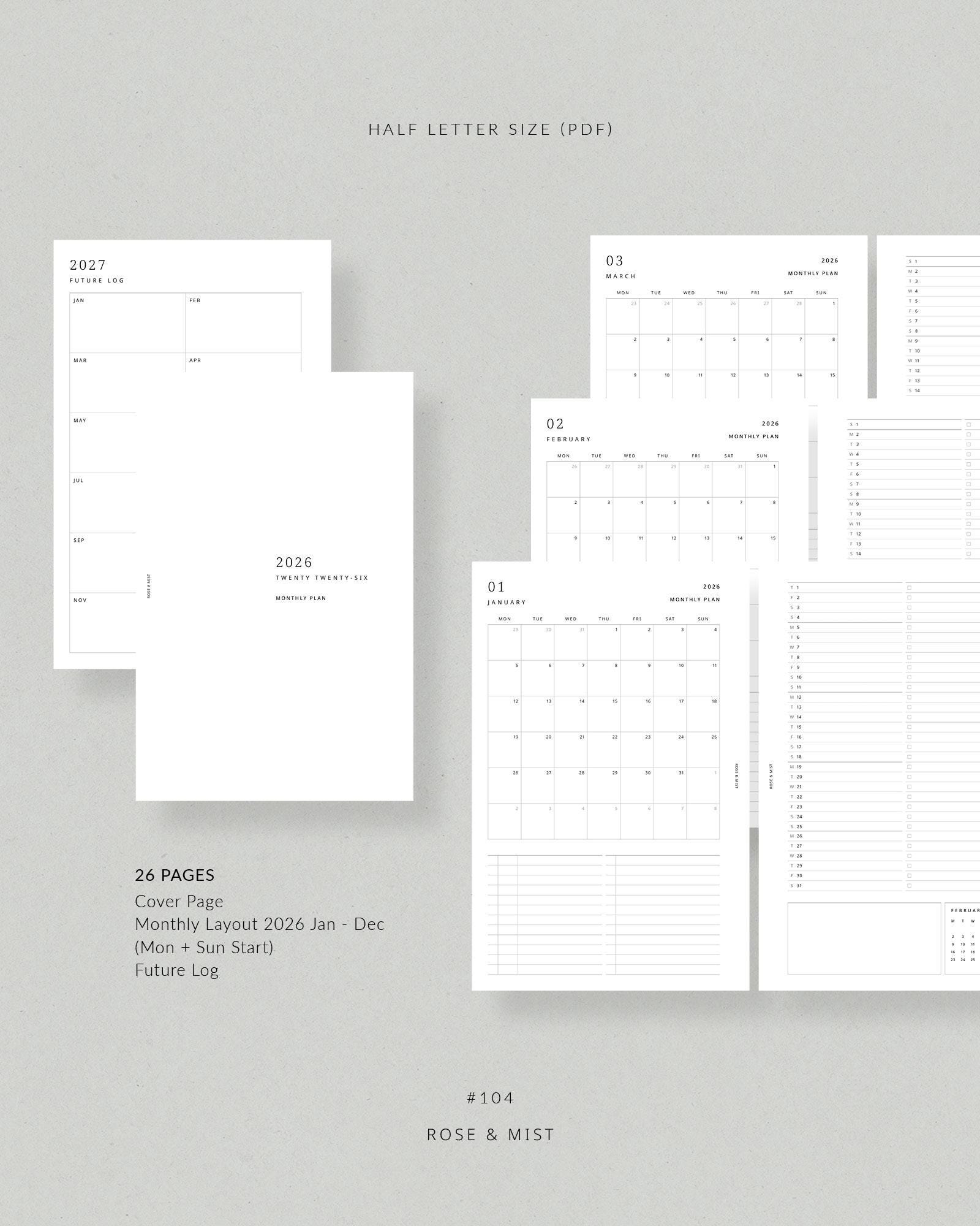 2026 Monthly Planner MO2P | Half Letter Printable Planner - 2026 ...