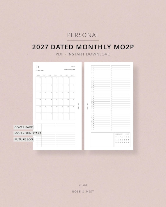2027 monthly planner printable MO2P | Filofax Personal size planner inserts printable monthly planner, month at a glance planner printable