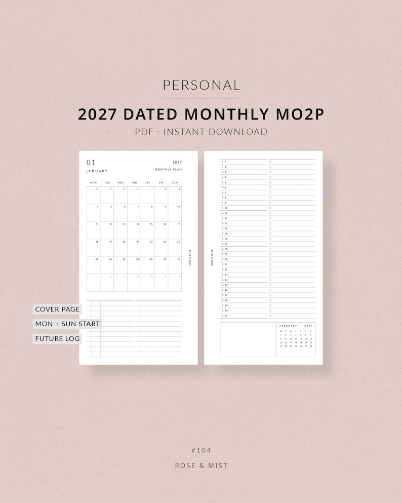 May include: A two-page spread of a 2027 monthly planner. The left page features a calendar for January, with space for notes. The right page has a monthly plan layout with numbered lines. Text includes "Personal," "2027 Dated Monthly MO2P," and "PDF - Instant Download."