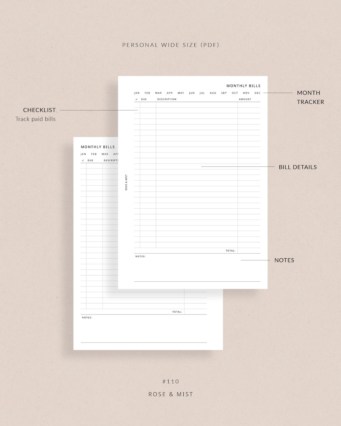 Monthly Bills Tracker | Personal Wide Printable Planner - Bill Payment ...