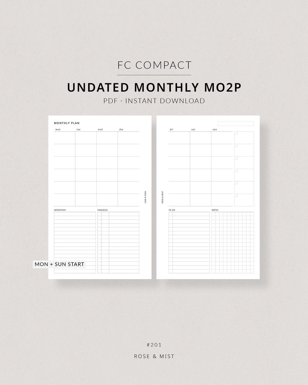 Monthly Planner Undated MO2P | FC Compact Printable Planner - Month at ...