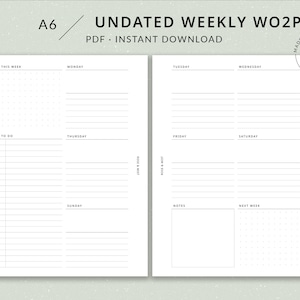 May include: A black and white printable weekly planner in A6 size. The planner has sections for each day of the week, a notes section, and a section for the next week. The planner is undated and has a minimalist design.