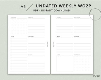 Könnte beinhalten: Ein schwarz-weißer druckbarer Wochenplaner im A6-Format. Der Planer hat Abschnitte für jeden Tag der Woche, einen Notizbereich und einen Bereich für die nächste Woche. Der Planer ist undatiert und hat ein minimalistisches Design.