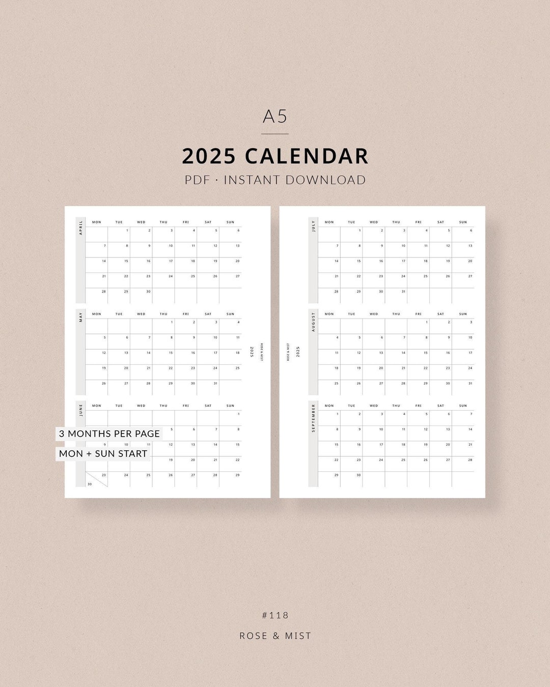 2025 Calendar, A5 Printable Planner - Dated 2025 Planner, Calendar Year