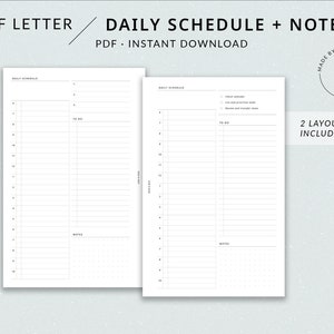 Daily Schedule + Notes DO1P | Half Letter Printable Planner - Hourly planner, Daily spread, Half letter daily planner insert, Day per page