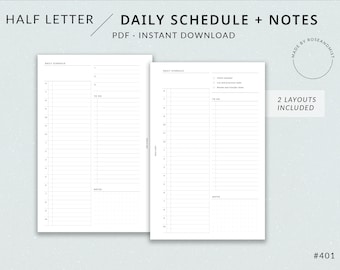 Daily Schedule + Notes DO1P | Half Letter Printable Planner - Hourly planner, Daily spread, Half letter daily planner insert, Day per page