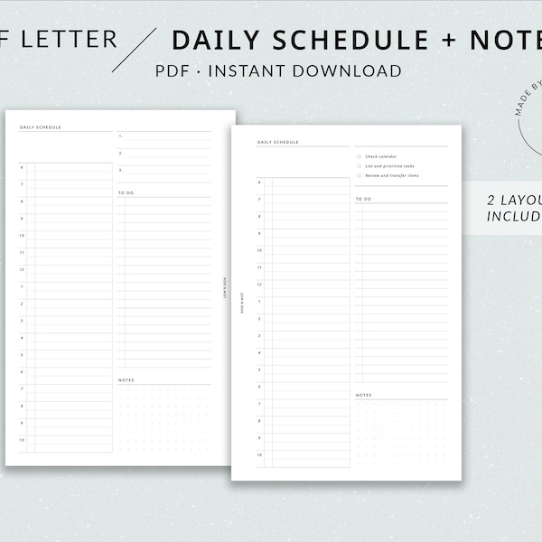 Daily Schedule + Notes DO1P | Half Letter Printable Planner - Hourly planner, Daily spread, Half letter daily planner insert, Day per page