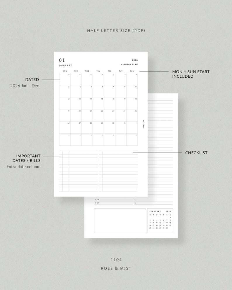 2026 Monthly Planner MO2P | Half Letter Printable Planner - 2026 ...