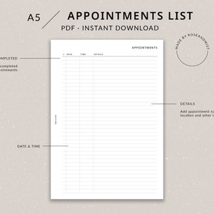 Può includere: Un planner di appuntamenti A5 stampabile con un design semplice. Il planner ha sezioni per la data, l'ora e i dettagli. Il testo "MADE BY ROSEANDMIST" è in un cerchio nell'angolo in alto a destra della pagina. Il testo "#105" è nell'angolo in basso a destra della pagina.
