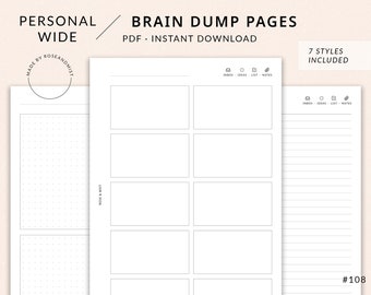 Brain Dump Pages | Personal Wide Printable Planner - Inbox, To do list, Ideas, Notes, Personal Wide inserts, Brain dump list boxes