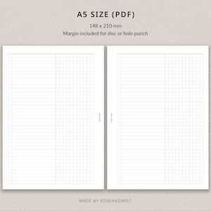 May include: A printable A5 size (148 x 210 mm) PDF document with a lined page on the left and a gridded page on the right. The document is designed for use with a disc or hole punch.