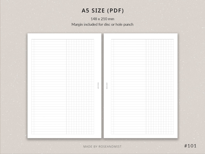 May include: A printable A5 size (148 x 210 mm) PDF document with a lined page on the left and a gridded page on the right. The document is designed for use with a disc or hole punch.