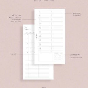 May include: A set of white planner pages with a calendar, checklist, and notes section. The calendar shows January and a preview of February. Text includes "Personal Size (PDF)", "Dates List", "Running Checklist", and "Notes". The design is labeled "Rose & Mist".
