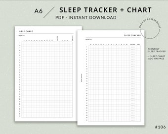May include: A printable A6 size PDF download for a monthly sleep tracker and sleep chart. The sleep tracker has a grid for each day of the month with columns for hours slept and a rating. The sleep chart has a grid for tracking sleep hours over a month.