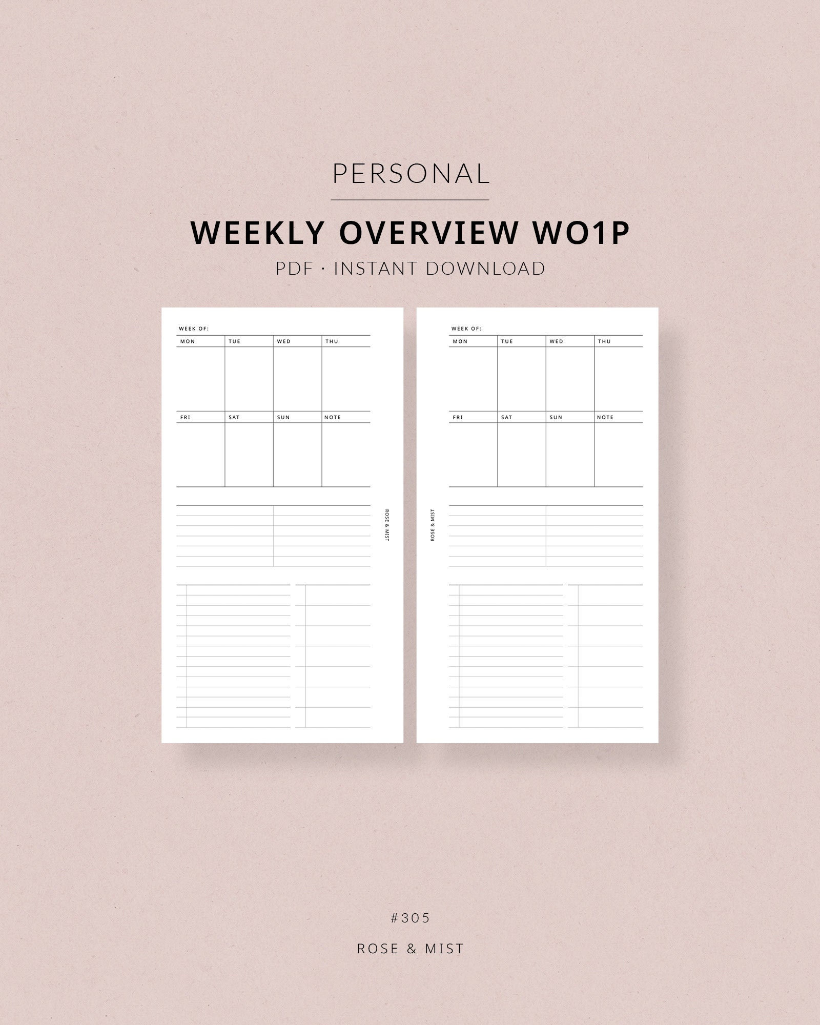 Weekly Overview WO1P Personal Printable Planner #305 Week on One Page ...