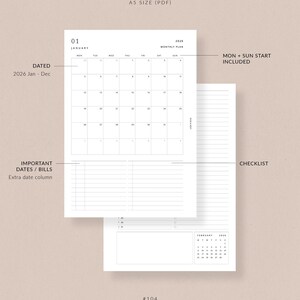 May include: A5 size PDF monthly planner with a minimalist design. The planner includes a calendar for January 2026, a checklist, and space for important dates and bills. The text "MON + SUN START INCLUDED" is visible. The planner is labeled "#104 ROSE & MIST".