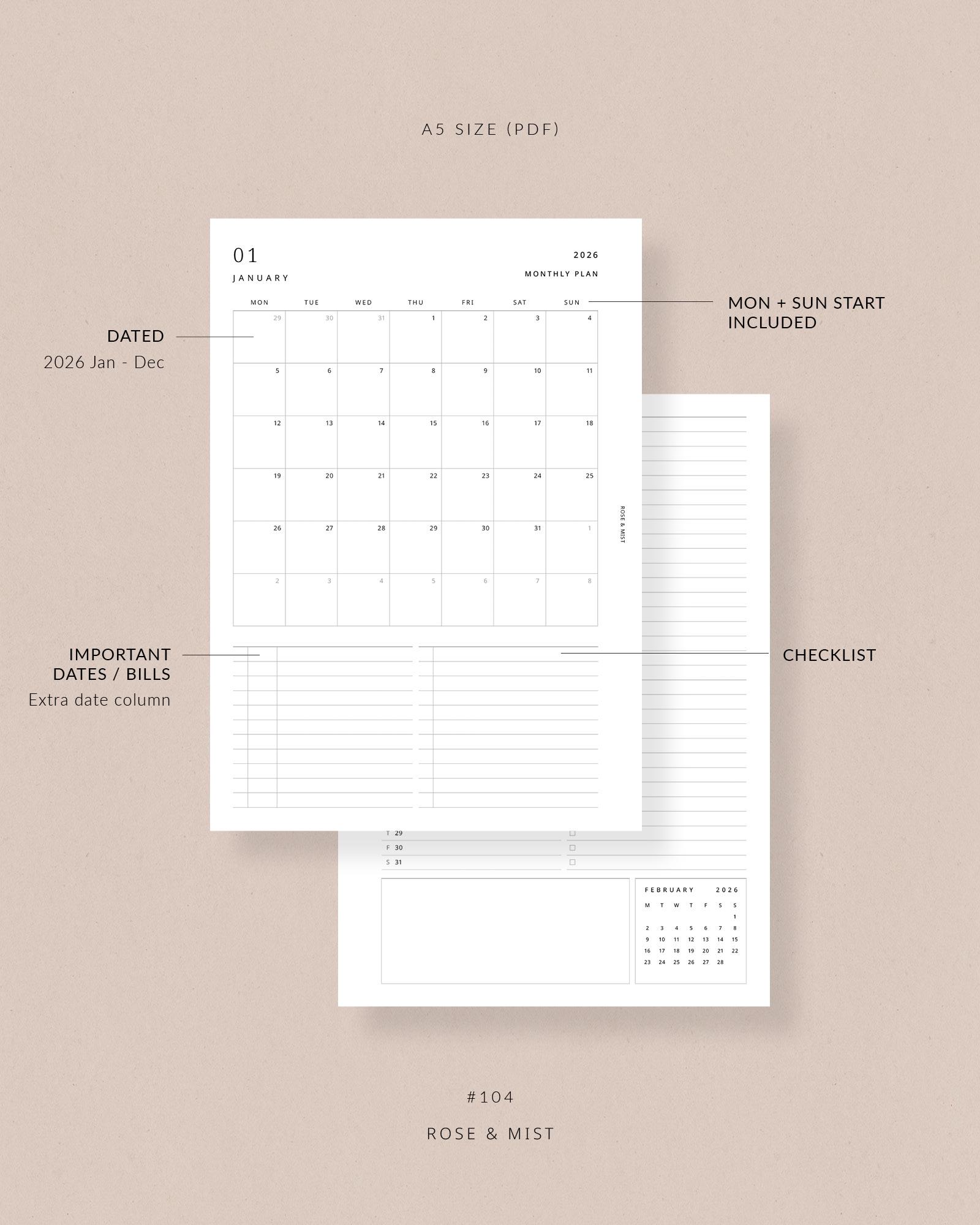 A5 2026 Monthly Planner Printable MO2P | A5 Monthly Planner Inserts ...