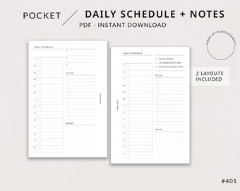 Daily Schedule + Notes DO1P | Pocket Printable Planner - Pocket daily insert, Daily plan, Hourly agenda, Filofax pocket, Daily time blocking